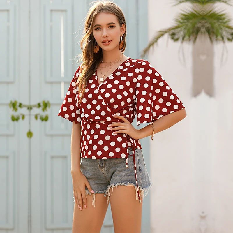 Blusa de gasa con cuello en V para mujer, camisa con estampado de lunares, manga acampanada, con volantes, Peplum