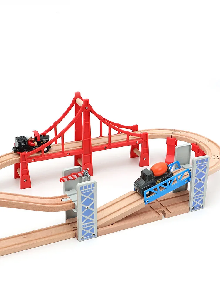 Wooden Train Car Railway Flyover Track Bridge Set Suspension Bridge Crane Tower Train Track Toys For Kids Educational Toys Gifts