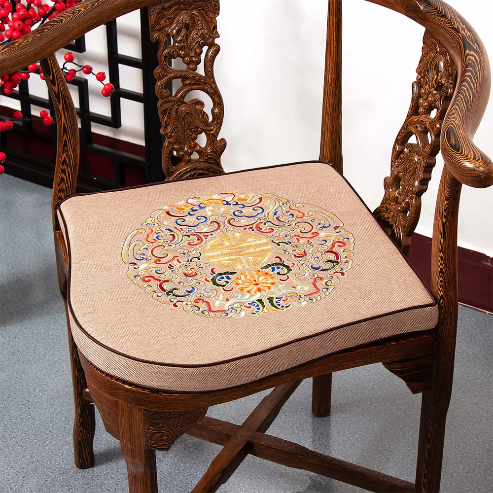 

Custom Fine Embroidery Joyous Triangle Chair Cushion Seat Pad Anti-Slip irregular Chinese Cotton Linen Ethnic Comfort Sit Mats