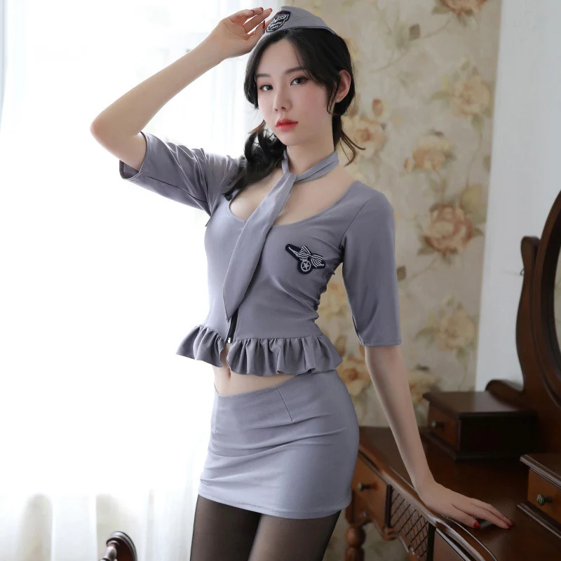

Airline Stewardess Women Flight Attendant Uniform Suit Lingerie Sexy Hot Erotic Babydoll Cute Lingerie Role Play 4 pcs SET