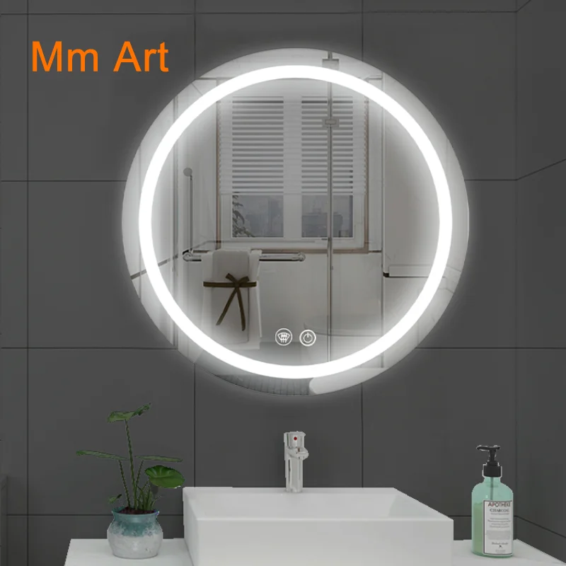 60x60  Factory Direct Wall Touch Screen Anti Fog LED Lights Round Smart Bathroom Mirror With Lights