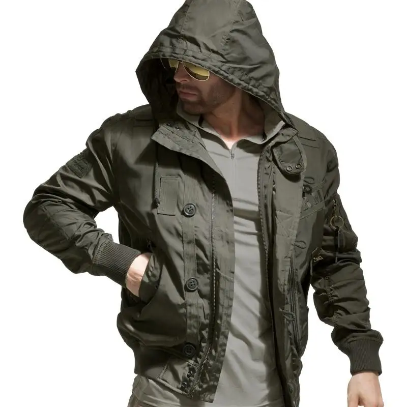 New Style Outdoor Military Fan Hooded Stand Collar Safari Style Ma1 Men\'s Bomber Jacket Flight Jacket Army Green Jacket