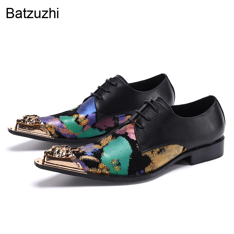 

Batzuzhi Brand New Shoes Men Pointed Metal Toe Leather Dress Shoes Men Lace-up Color Rock Business, Party and Wedding Shoes Man