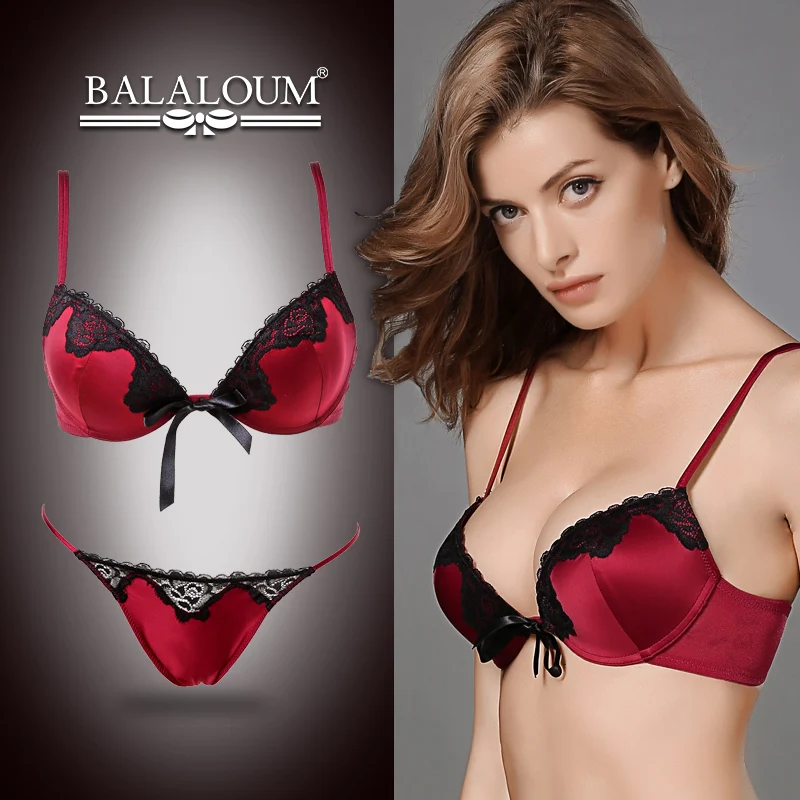 

Balaloum Women Elegant Sexy Deep V Push Up Bra and Panty Set Floral Lace Bowknot Seamless G-String T Back Thongs Lingerie Sets