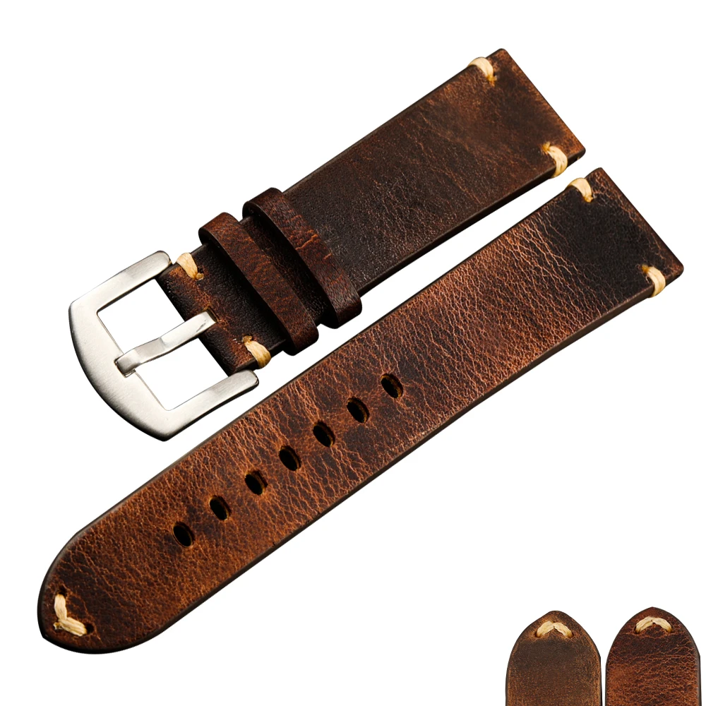 Handmade Crazy Horse Leather Watchband, 18 19 20 21 22MM Retro First Layer Leather Strap, Suitable for Military Watches