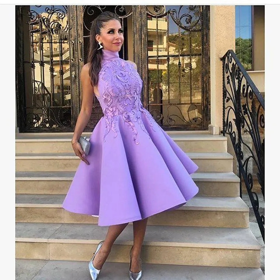 Elegant Short Maxi Prom Dresses 2020 Women Formal Party Night Sexy Lavender Alppliques Lace Vestidos Summer Satin Evening Dress