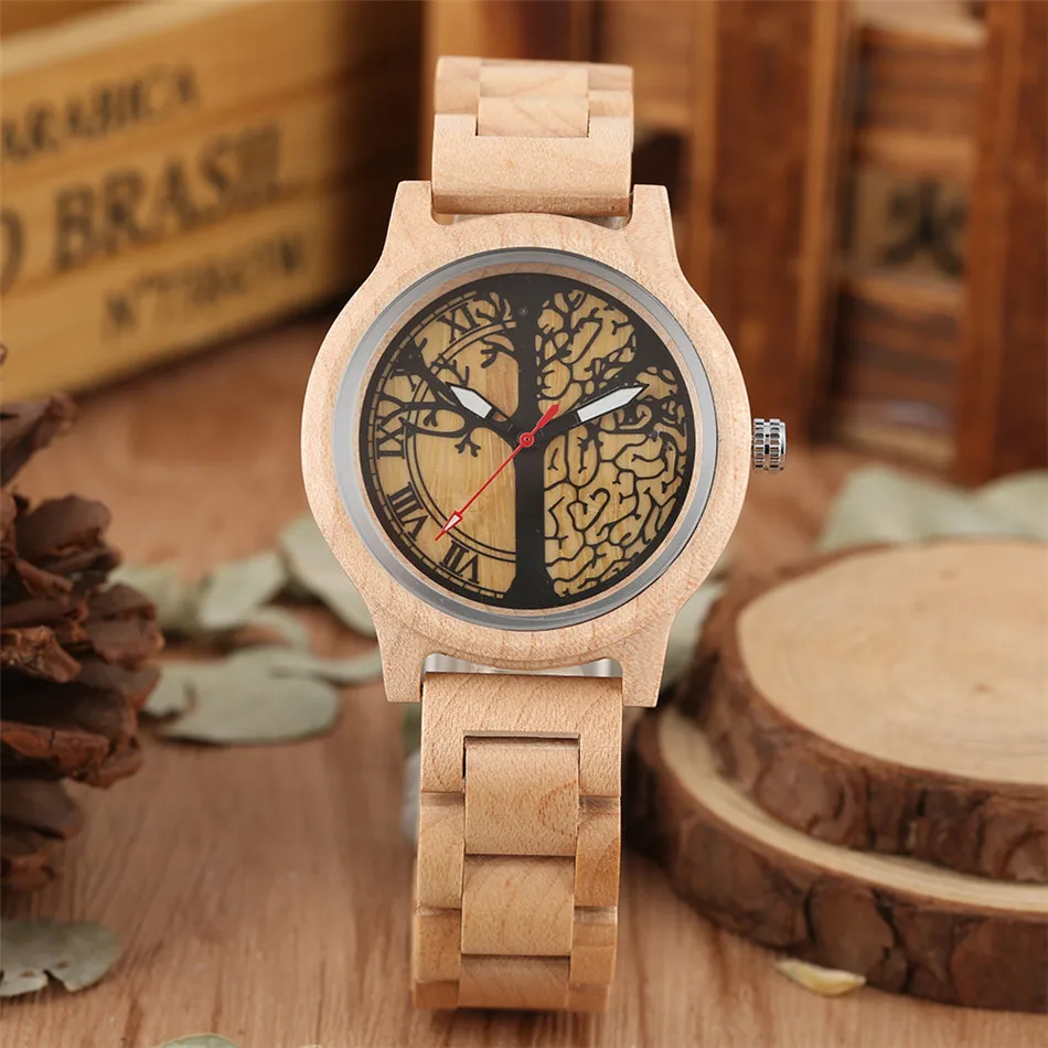 Natural Maple Wood Watch Women Quartz Wooden Bangle Lady Watches Unique Tree Luminous Hands Display Female Bracelet Timepiece