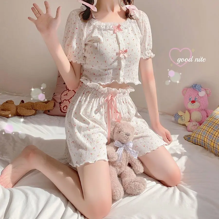 Pajama Sets Women Bow Sweet Girls Soft Summer Popular Breathable Harajuku Crops Print Nightwear Female Causal Cozy Aesthetic Ins