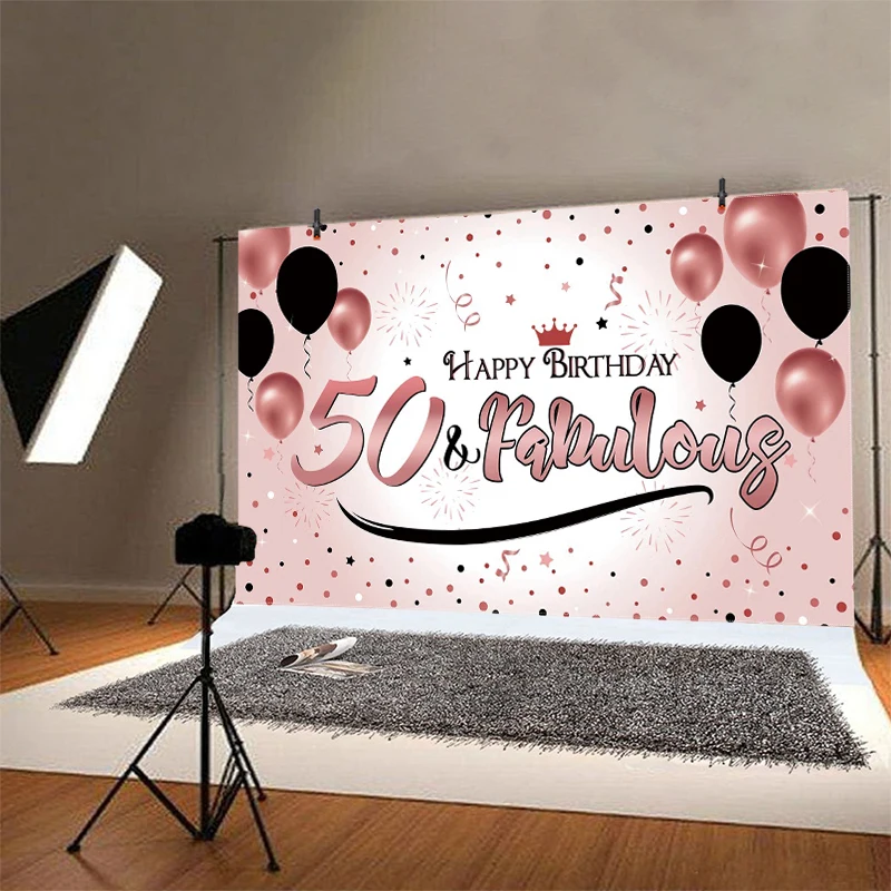 Sweet Rose Gold 50th Backdrop Women Men Happy Birthday Party Fifty Years Photography Background Adult Photographic Banner