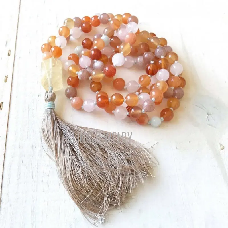 MN21184 Mala Beads To Boost Energy Citrine  Necklace Aquamarine Sunstone Rose Quartz 108  Hand Knotted  