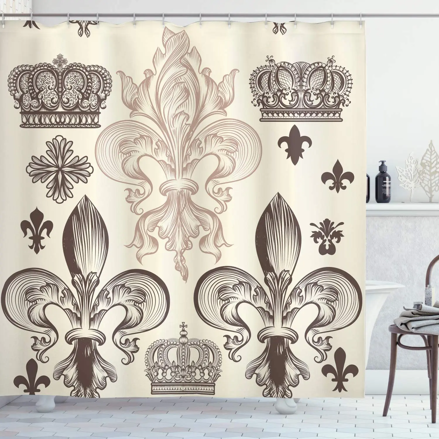 Fleur De Lis Shower Curtain Heraldic Pattern with Fleur-de-Lis and Crowns Tiara Coat of Arms Knight Bathroom Decor Set