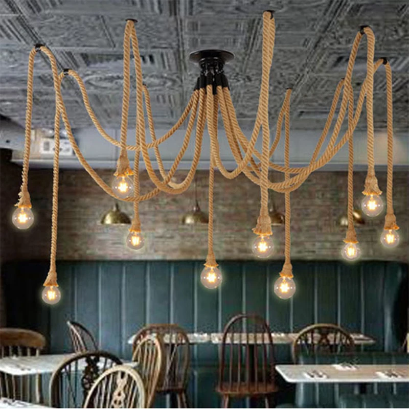 Imagem -03 - Vintage Hemp Rope Pendant Lamp Mobília da Sala de Jantar Sala de Estar Cozinha Industrial Spider Web Multi-cabeça Retro Pendurado Luzes