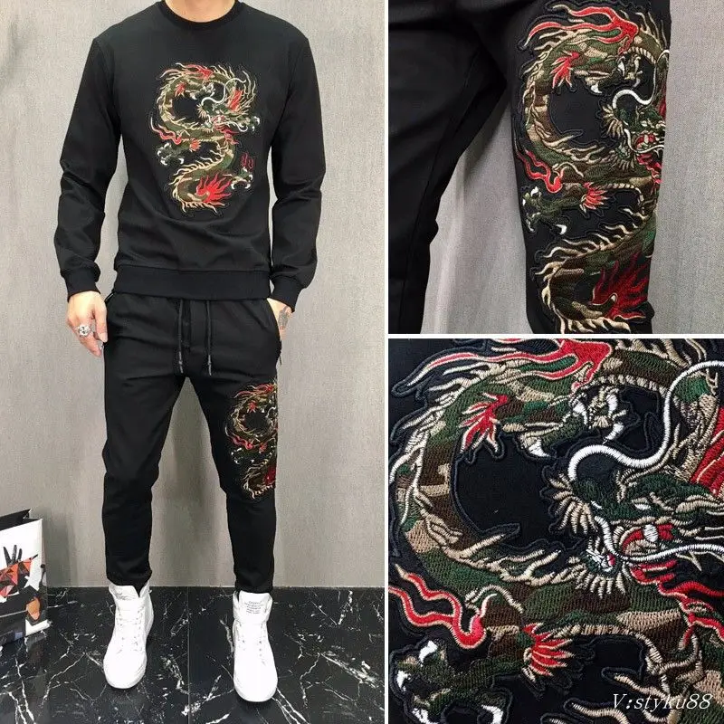 2021 New Embroidered 3D Flying Dragon Top + Pants Suit Men's Fall Large Size High-end Atmospheric Casual 2-piece Dragon Suit