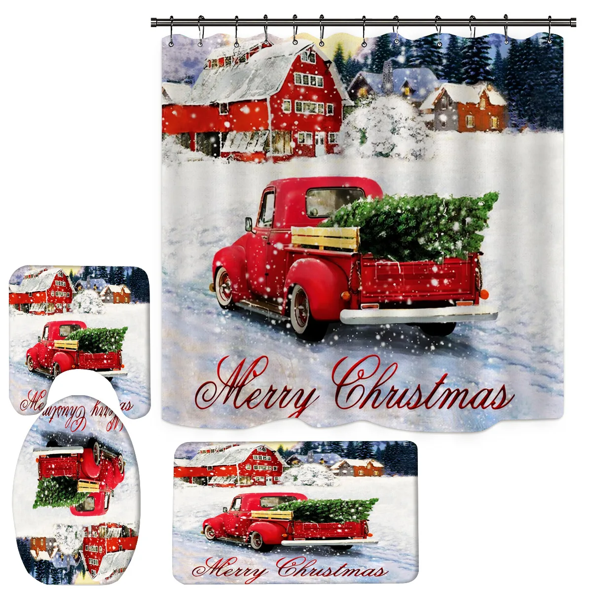 

Red Pickup Truck Christmas Bath Curtain Sets Xmas Tree Shower Curtain And Non-slip Carpet Mats Waterproof Bathroom Curtains