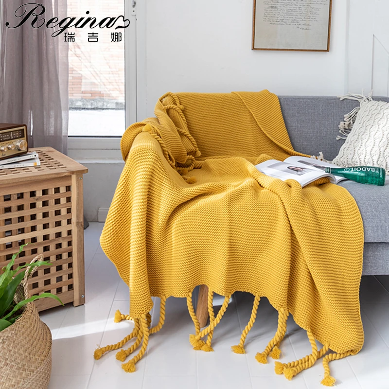 REGINA Luxury Hand Knitted Blanket Throw Frignes Warm Soft Green Yellow Gray Pink Weighted Blanket For Bed Fleece Plaid Throws