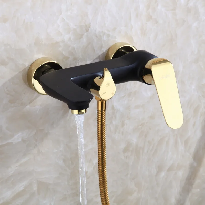 Imagem -04 - Gold Bathroom Shower Faucet Grupo Misturador de Banho Quente e Frio Chrome Brass Bathtub Taps Único Punho com Mão Montagem na Parede Preto