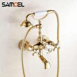 Gorgeous Classic Gold Brass Bathroom Bath Shower Faucet Mixer Tap Wall-Mounted Dual Handle Golden Bath tub Faucet Set SF1071