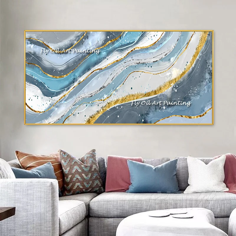 100% Handmade Watercolor Abstract Colorful Ocean Oil Painting On Blue Canvas Hand-painted Wall Art Home Decoration Frameless