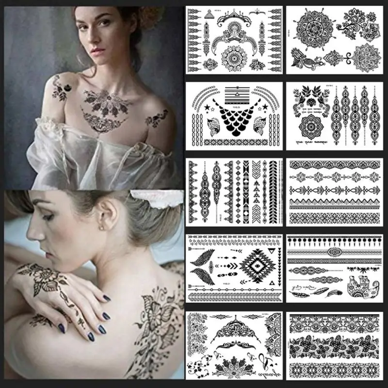 

Arm Tattoos Legs Bracelet India Mandala Flower Large Black Henna Tattoo Waterproof Mehndi Women Body Stickers Sexy Tattoo T0940