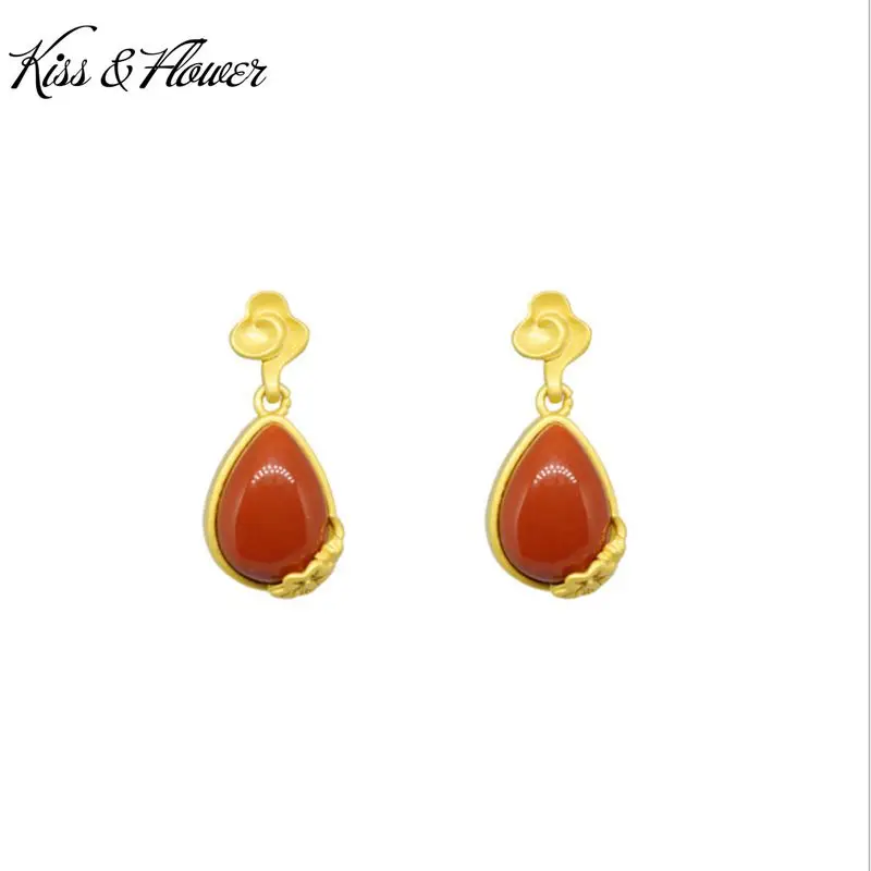 

KISS&FLOWER ER125 Fine Jewelry Wholesale Fashion Hot Woman Bride Birthday Wedding Gift Water Drop Agate 24KT Gold Drop Earrings