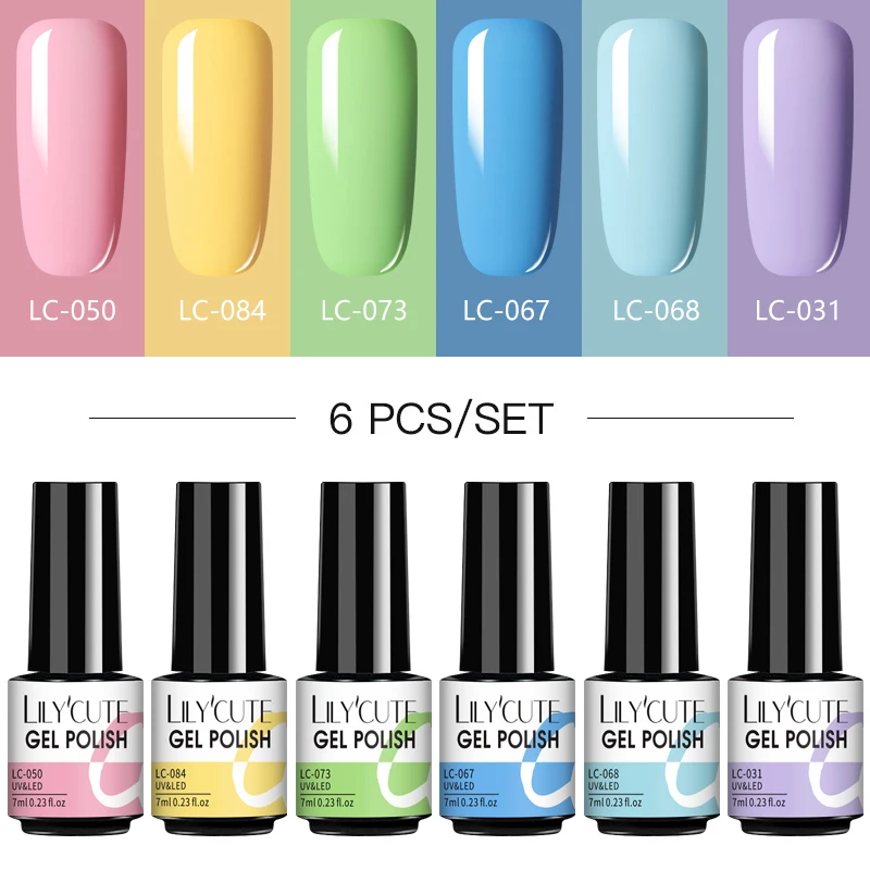 LILYCUTE 6Pcs Nail Gel Polish Set Semi Permanent Hybrid Gel Nail Varnish Matte Top Coat Soak Off UV LED Nail Art Gel