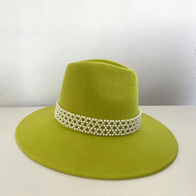 Hats For Women Autumn Winter High Top Jazz Wool Top Hat Green Fashion Flat Pearl Decoration Top Cap Female Windproof New 2021