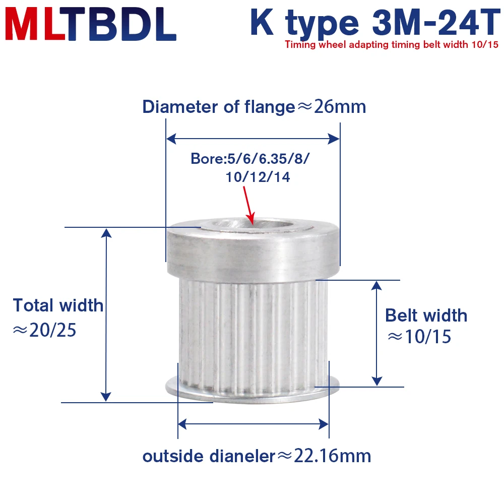 3M 24T עיתוי גלגלת 5/6/8/10mm נשא הילוך גלגלת 3mm המגרש 10/15mm חגורה רוחב K סוג אלומיניום סינכרוני עיתוי חגורת גלגלות