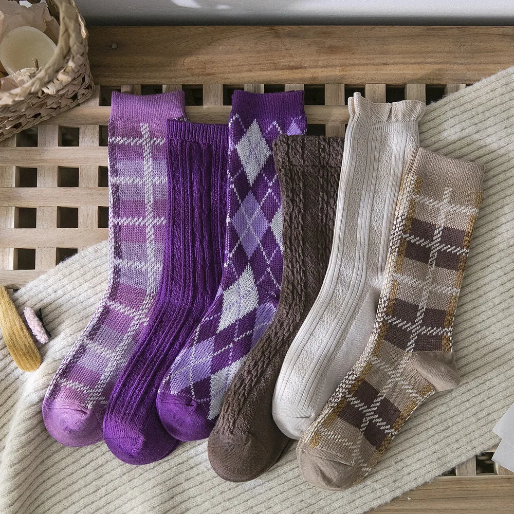 Funky Geometric Long Socks Women Cotton Cozy Breathable Autumn Winter Socks Coffee Purple Plaid Casual Calf Socks Streetwear