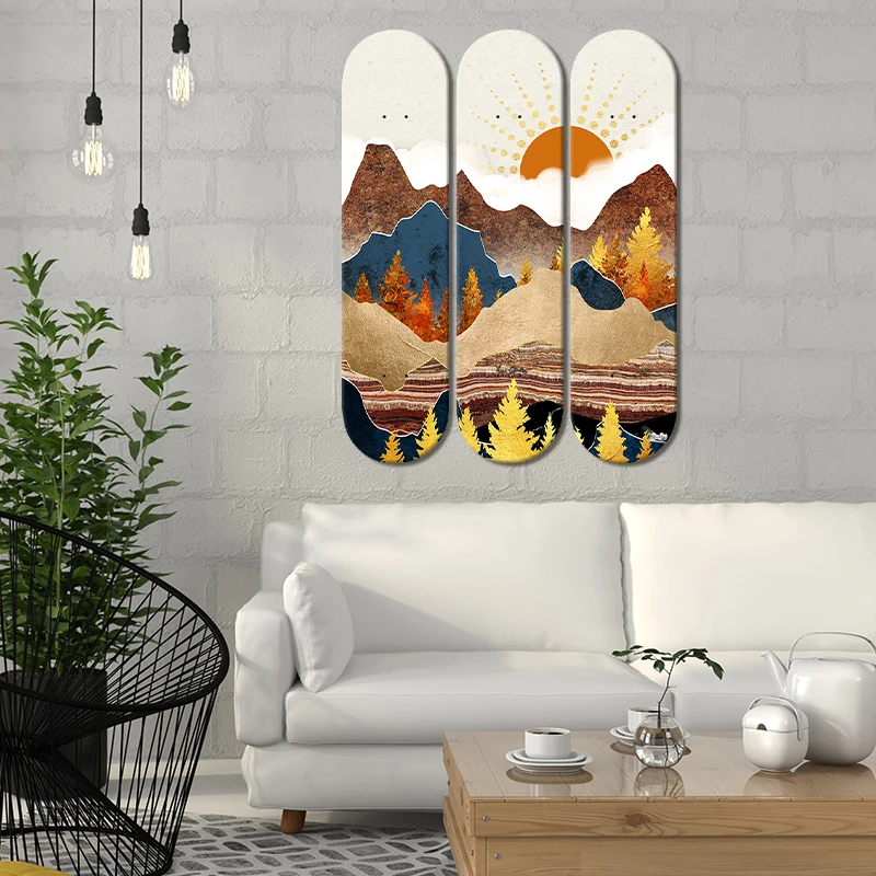 Set of 3pcs Skateboard Decor Unique Abstract Landscape Wall Art Decorative Board Wall Hanging for Living Room Home Decoration