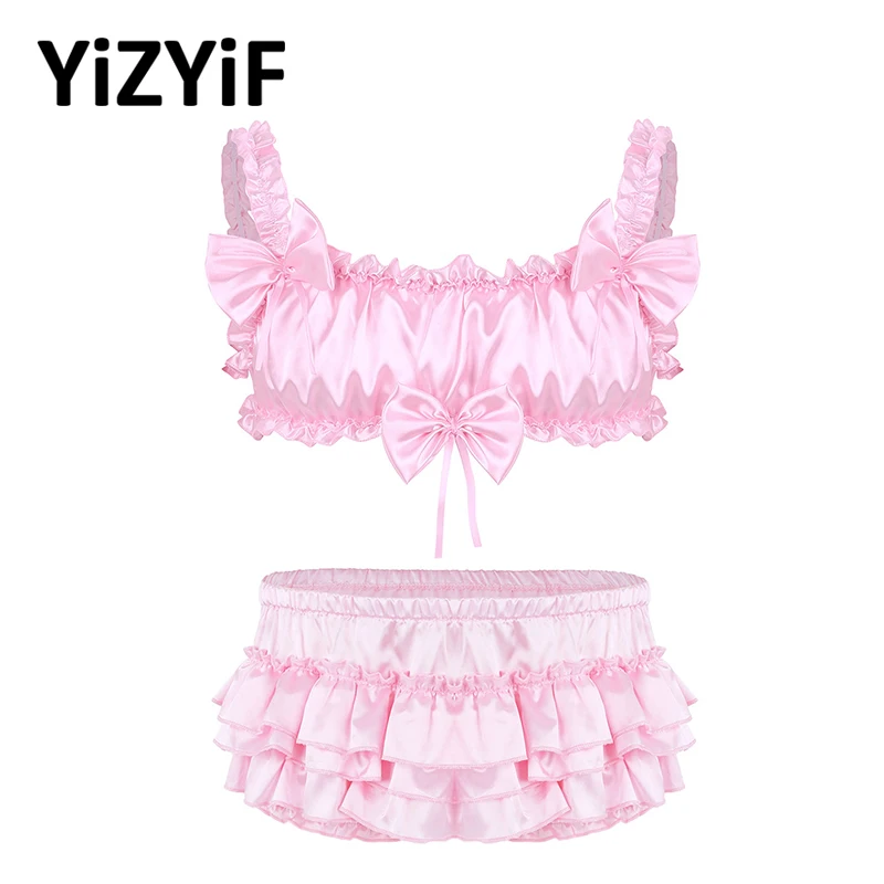 

Mens Sissy Sexy Set Erotic Lingerie Set Ruffled Frilly Bowknot Bra Top Bloomer Tiered Skirted Panties Sexy Gay Men Underwear Set