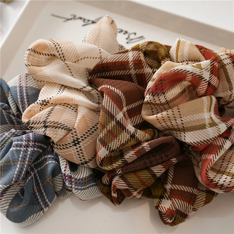 1PC Vintage Check Print Scrunchies Plaid Ponytail Holder Women Elastic Hair Bands Girls Hair Ties Rope Striped Hair Accessories