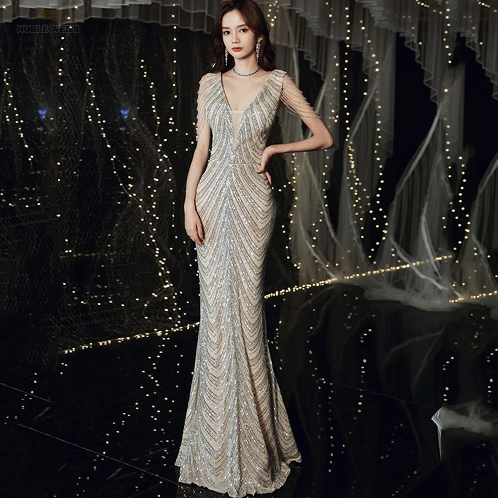 Prom Dress V-Neck Floor-Length Evening Dresses Beading Mermaid Sequin Party Dress Customized