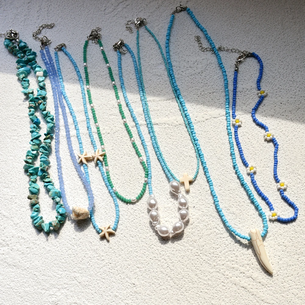 Blue Crystal Seed Bead Choker Pearl Natural Stone Chips Pendant Women Beach Travel Bohemian Necklaces