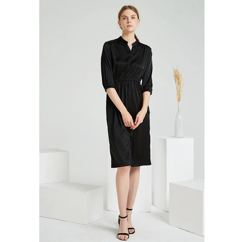 2019 Nature Silk Long  Sleeve Shirt Dress Women Casual Summer Beach Dress Elegant Party Dresses