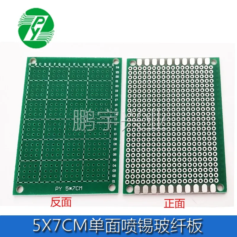 Pulverización de estaño de una cara, 5x7CM, 1,6 de espesor, 2,54 espaciado, placa de circuito Universal, placa de agujero, PCB