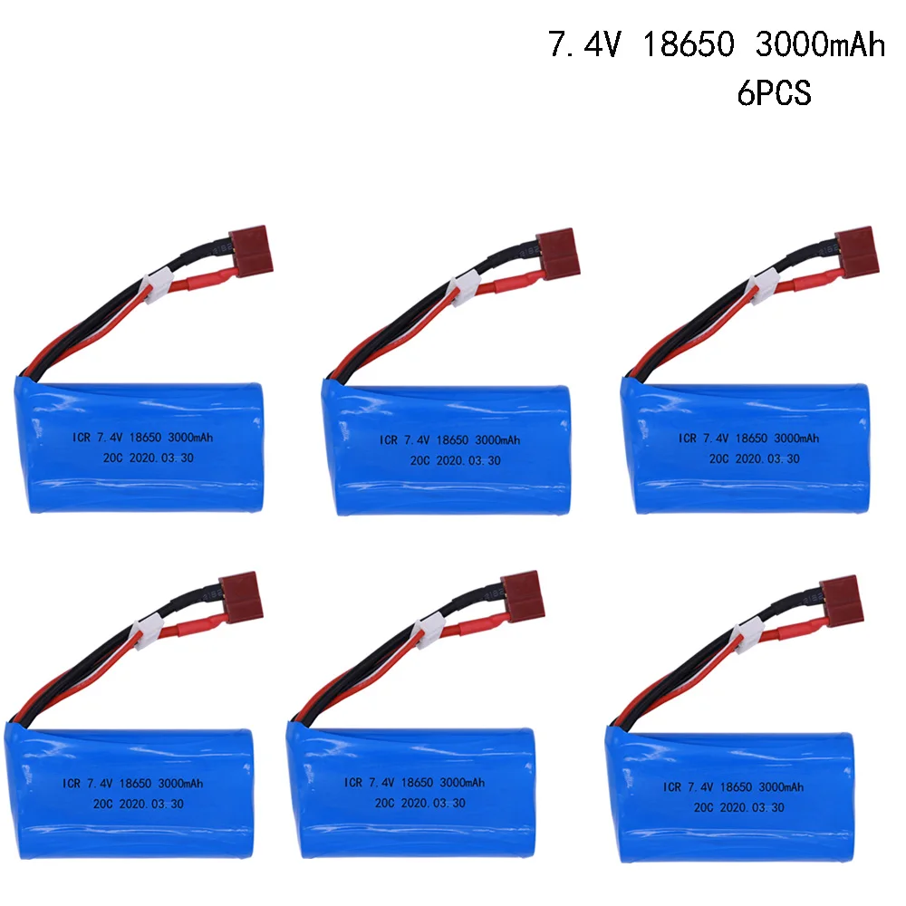 

6PCS 7.4V 3000mah 18650 T Plug Lipo Battery for Wltoys 12428 12401 12402 12403 12404 12423 FY-03 FY01 FY02 rc toys battery parts