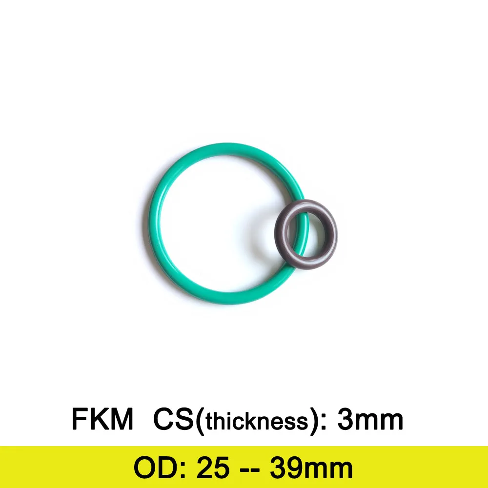 FKM Rubber O Ring Gasket C/S 3mm Thickness OD 25/26/27/28/29/30/31/32/33/34/35/36/37/38/39mm Fluolrine Rubber Seal  Ring Washer