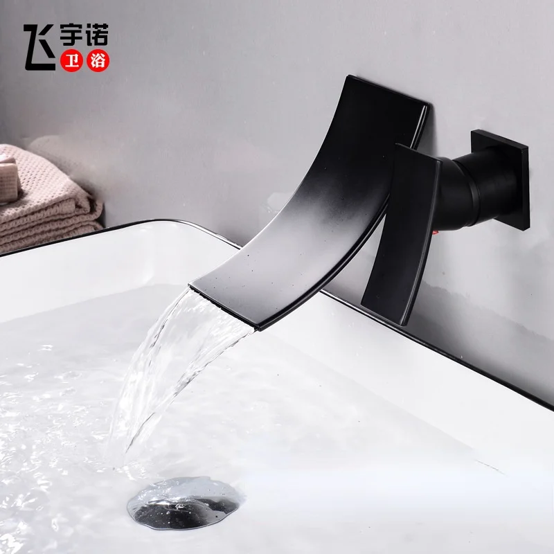 All Copper Black Concealed Wall-mounted Waterfall Basin Faucet Bathroom Hot and Cold Washbasin Double Hole Basin Faucet