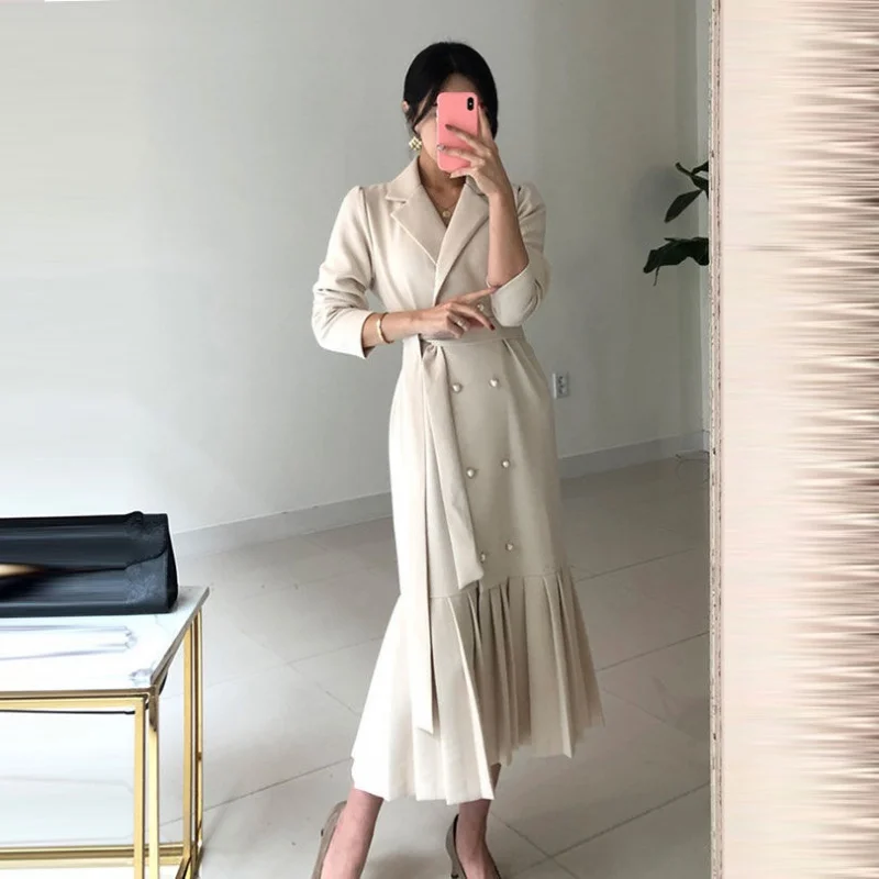 Long Trench Dress Women 2021 New Suit Color Long Sleeve Minimalist Fashion Career OL Maxi Dresses High Quality Vestidos