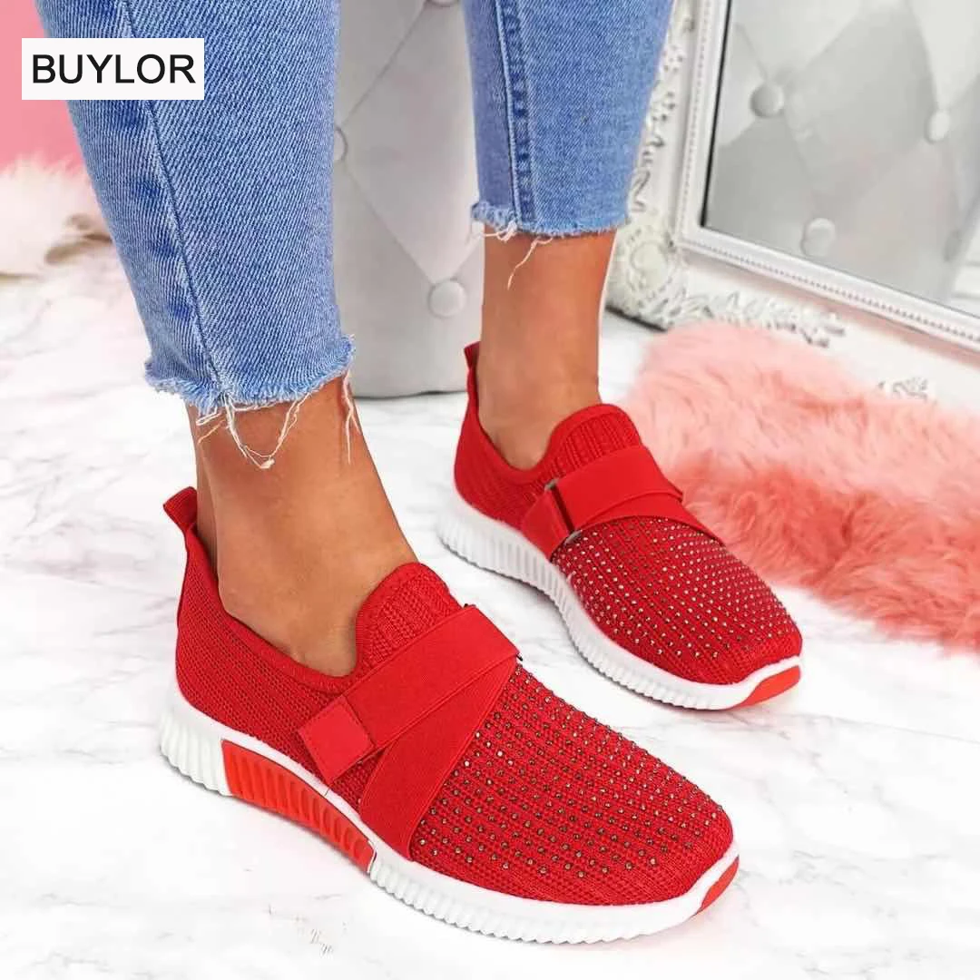 Modne buty damskie płaskie miękkie dno Mesh oddychające codzienne tenisówki Rhinestone pojedyncze buty duże rozmiary damskie obuwie sportowe