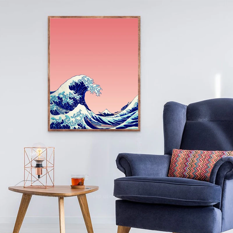 Great Wave of Kanagawa Ukiyoe Japanese Art Canvas Prints Pink Wave Vintage Poster Wall Picture Famous Painting Living Room Decor