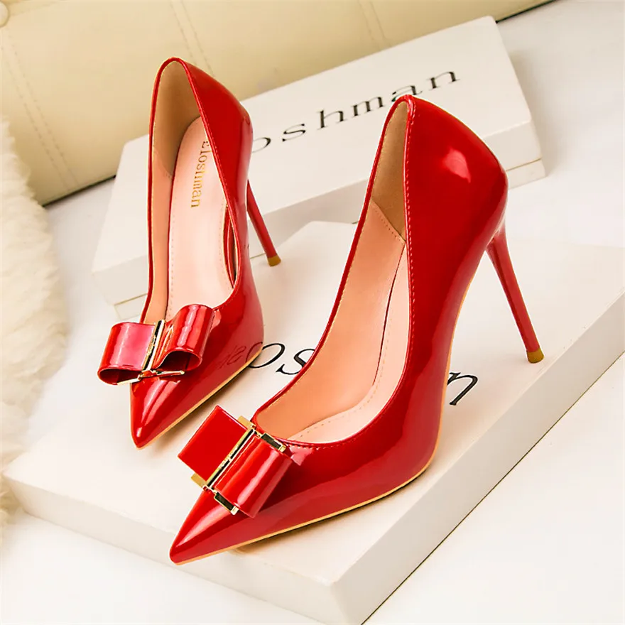 2024 Korean Metal Bowknot Pointed Toe Women Pumps Fashion Patent Leather High Heels Shoes Black Red Shallow Wedding Shoes Party