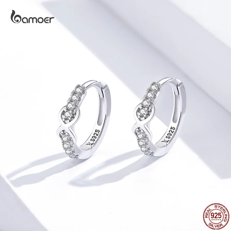 Bamoer Classic Infinity Symbol Ear Hoops for Women Genuine 925 Sterling Silver Earrings Shiny Zircon Fine Wedding Jewelry GXE872