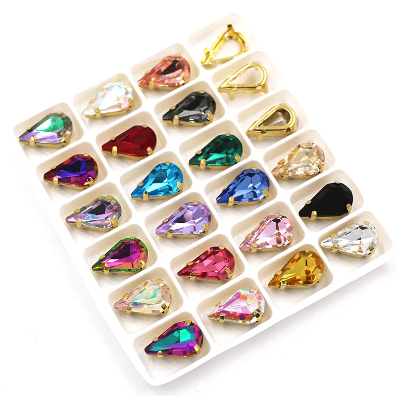 8X13mm High Quality Teardrop Shape Glass Crystal Stones Sewing Golden Claw Setting Rhinestones For Clothing/Crafts