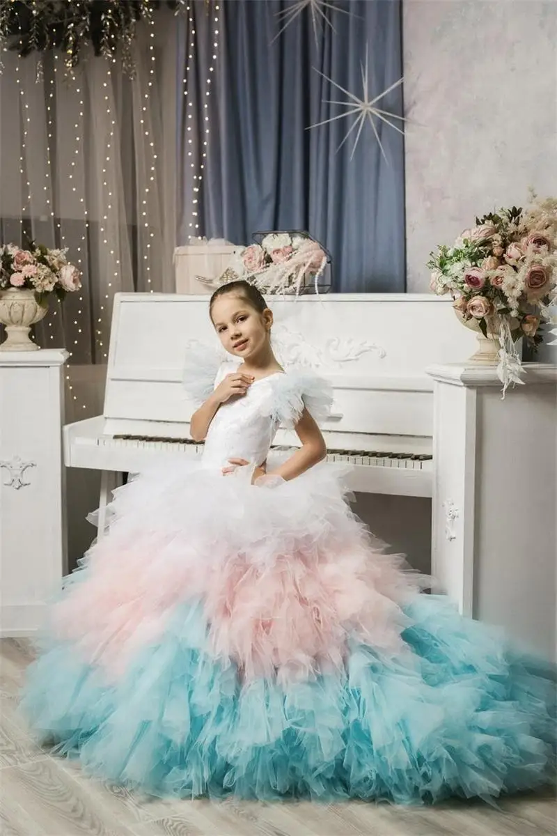 Colorful Flower Girl Dress For Weddings Jewel Neck Appliqued Tiered Tulle Birthday Gowns Pageant First Communion Wear