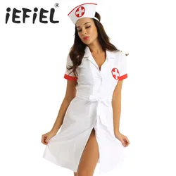 Women Female Sexy Nurse Costume Deep V Sexy Doctor Cosplay Adult Nurse Uniform Role Play Party Dress with Belt and Hat