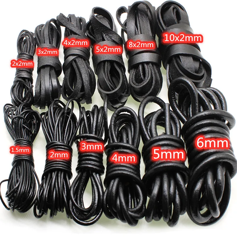 2 Meter Black Genuine Cow Leather Round/Flat Strand Thong Cord DIY Bracelet Findings Rope String For Jewelry Making Accessories