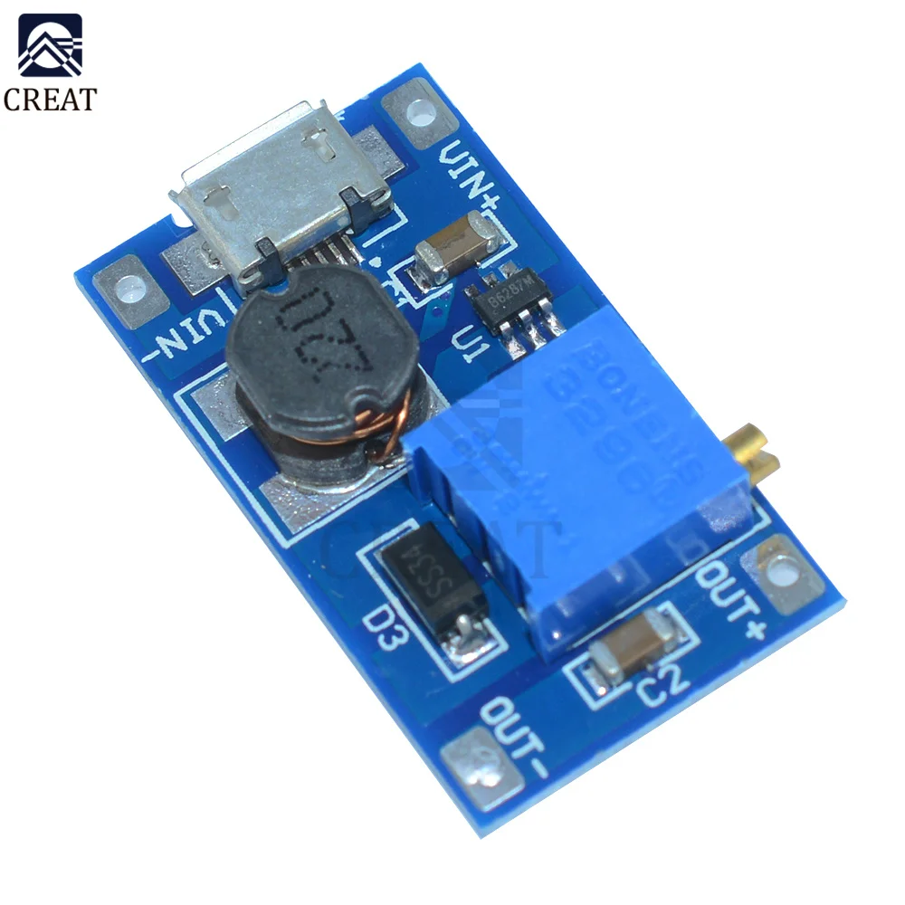 MT3608 DC-DC 2-24V to 5-28V 6V 12V 24V 2A Boost Step Up Converter Module with Micro USB Interface Adjustable 3296 Potentiometer