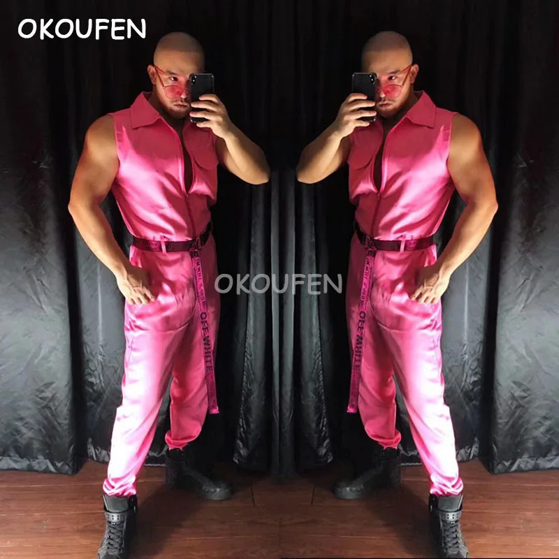 

Nightclub bar singer dancer Pink tooling bodysuits costumes hiphop set party show performance clothing