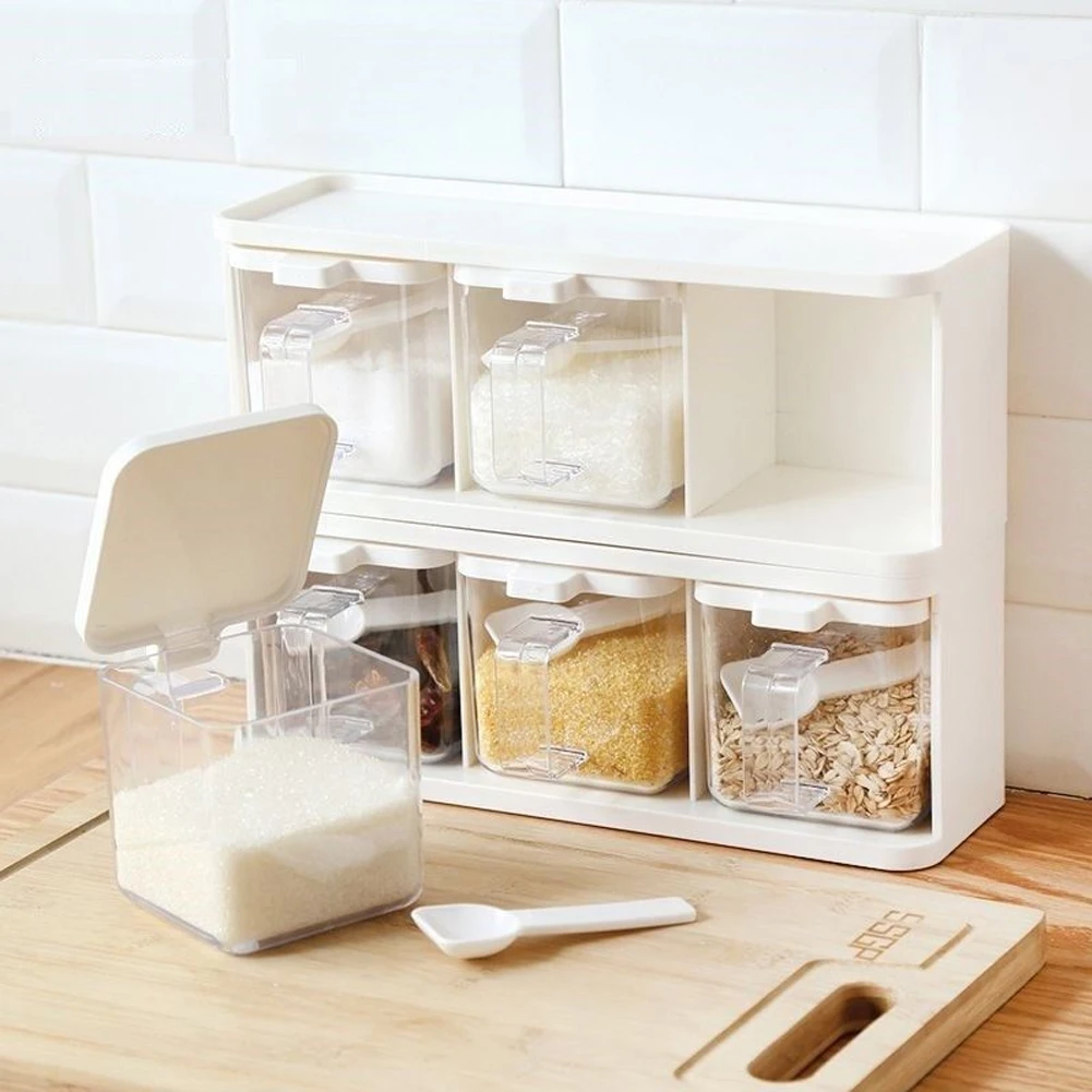 Spice Rack 3 Grids Spoon Kitchen With Lid Container Seasoning Box Herb Spices Storage Condiment Jar Cooking With Handle Desktop